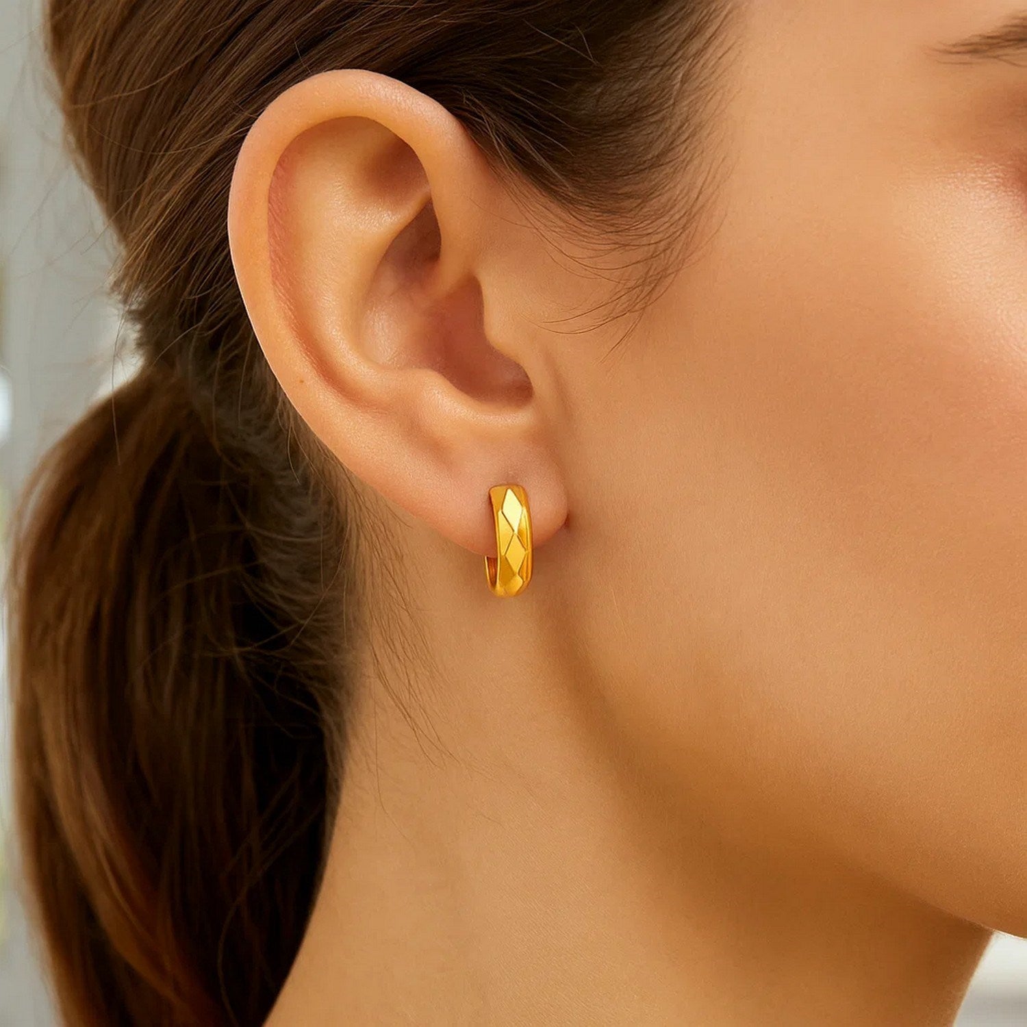 Diamond Motif Faceted Huggie Earrings | 14K Gold