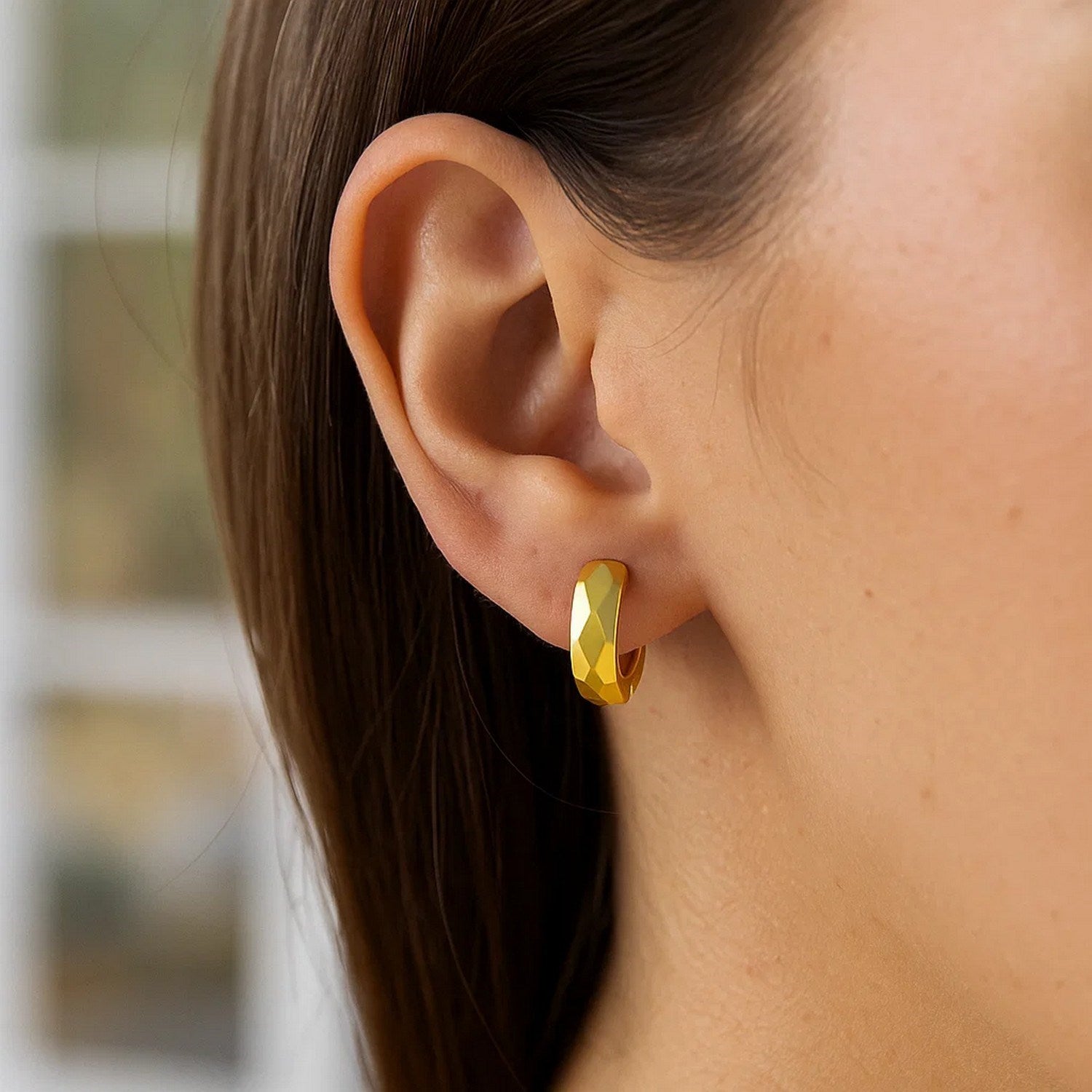 Diamond Motif Faceted Huggie Earrings | 14K Gold