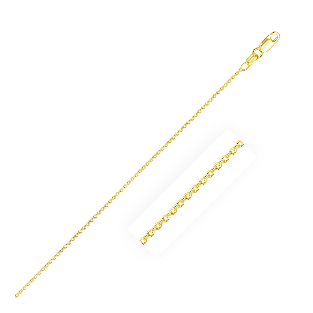 Front view of solid 18K yellow gold round cable link chain with lobster clasp, 0.97 mm width, 16 and 18 inch lengths