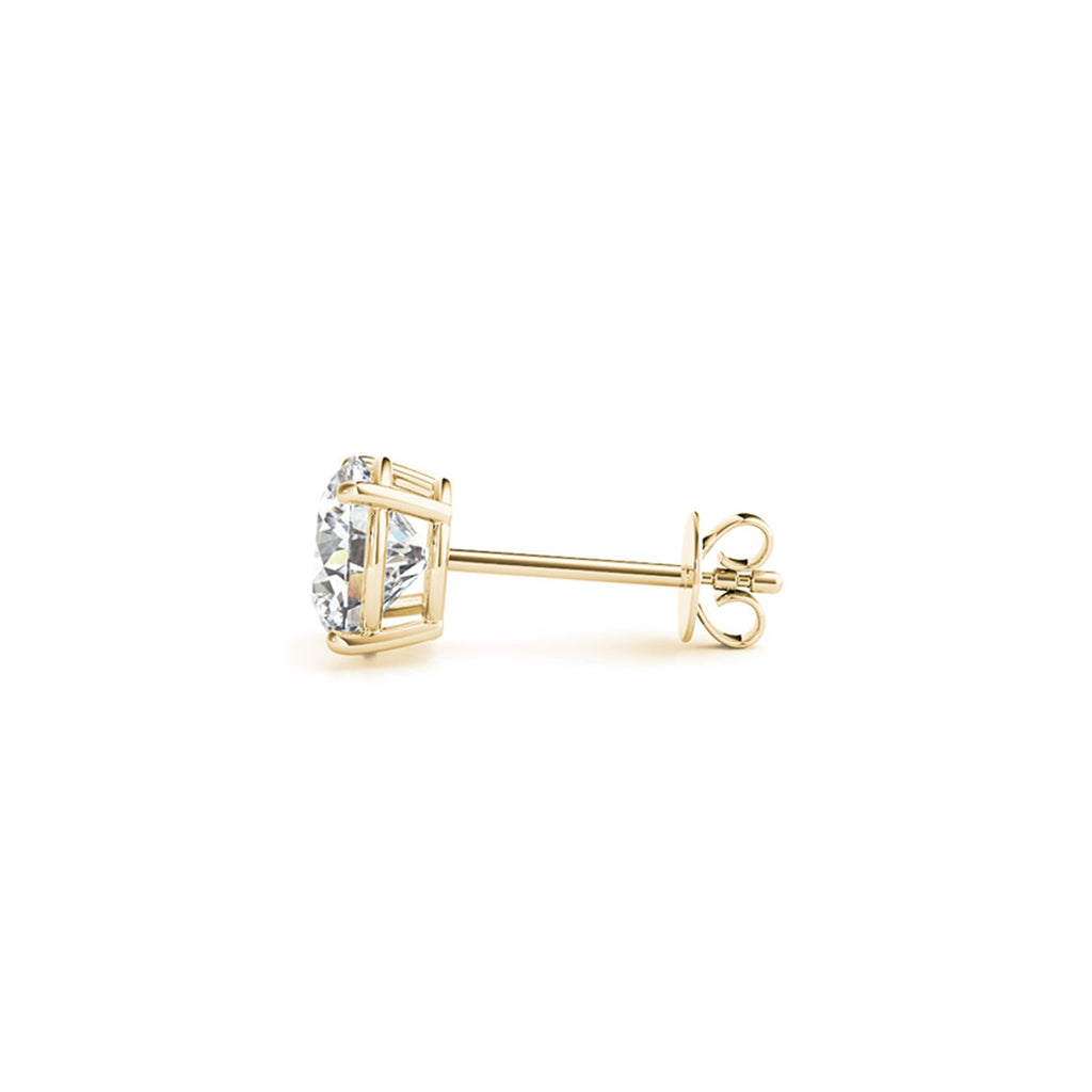 Side profile of 3.00 ct lab-grown diamond stud earrings in 14K yellow gold, four-prong setting — DEEVE