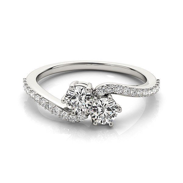 Two Stone Diamond Ring With Curved Pavé Band in 14K White Gold, 0.70 cttw
