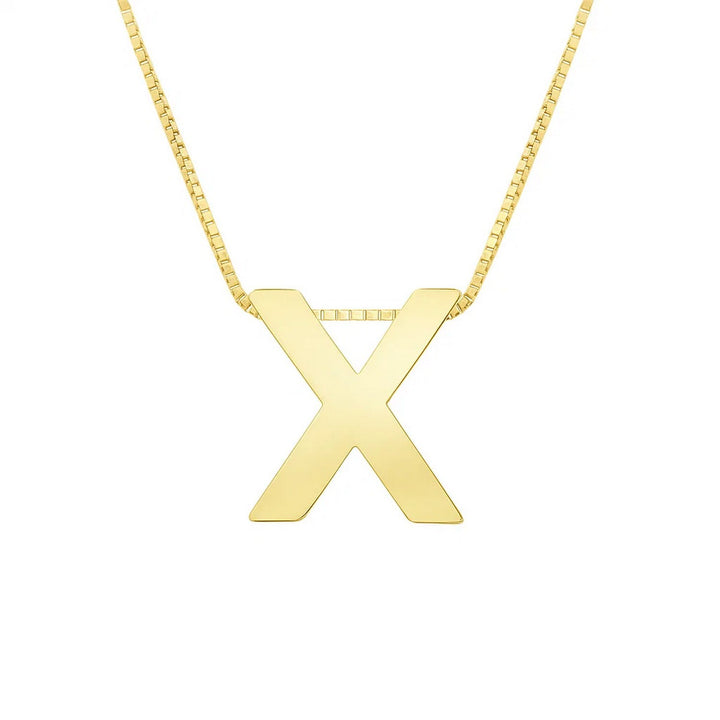 Front view of the polished block letter X in 14K yellow gold on a box chain