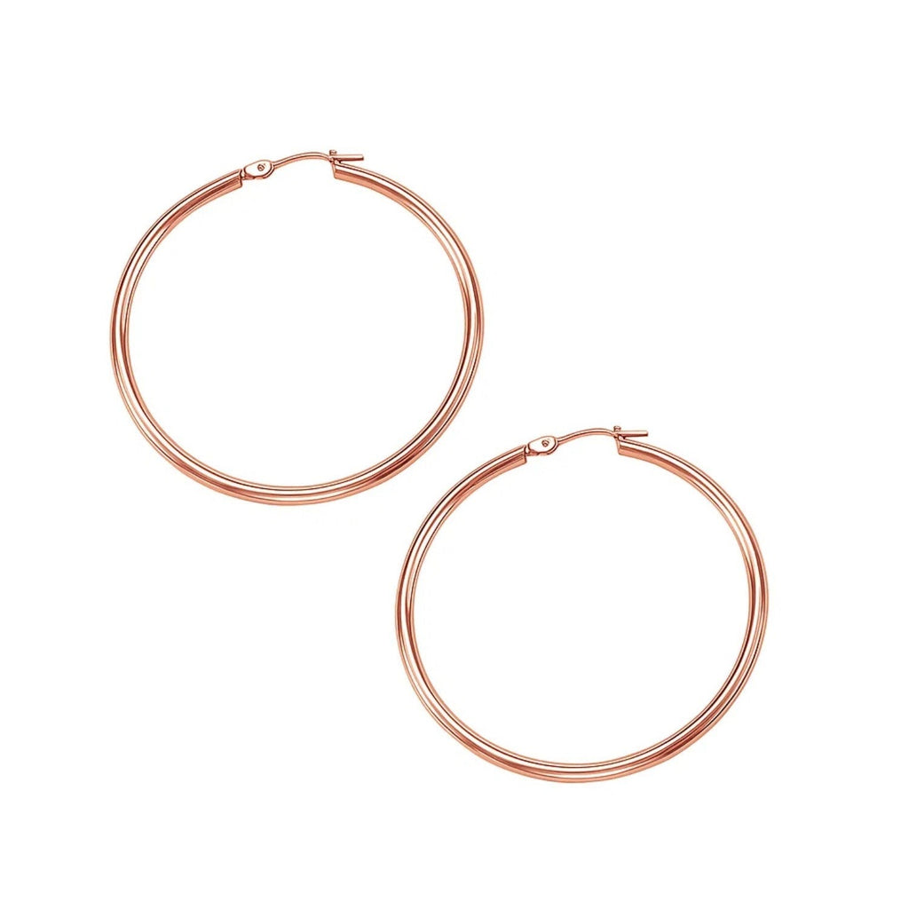 Polished 40mm hoop earrings in 14K rose gold, front view of the pair