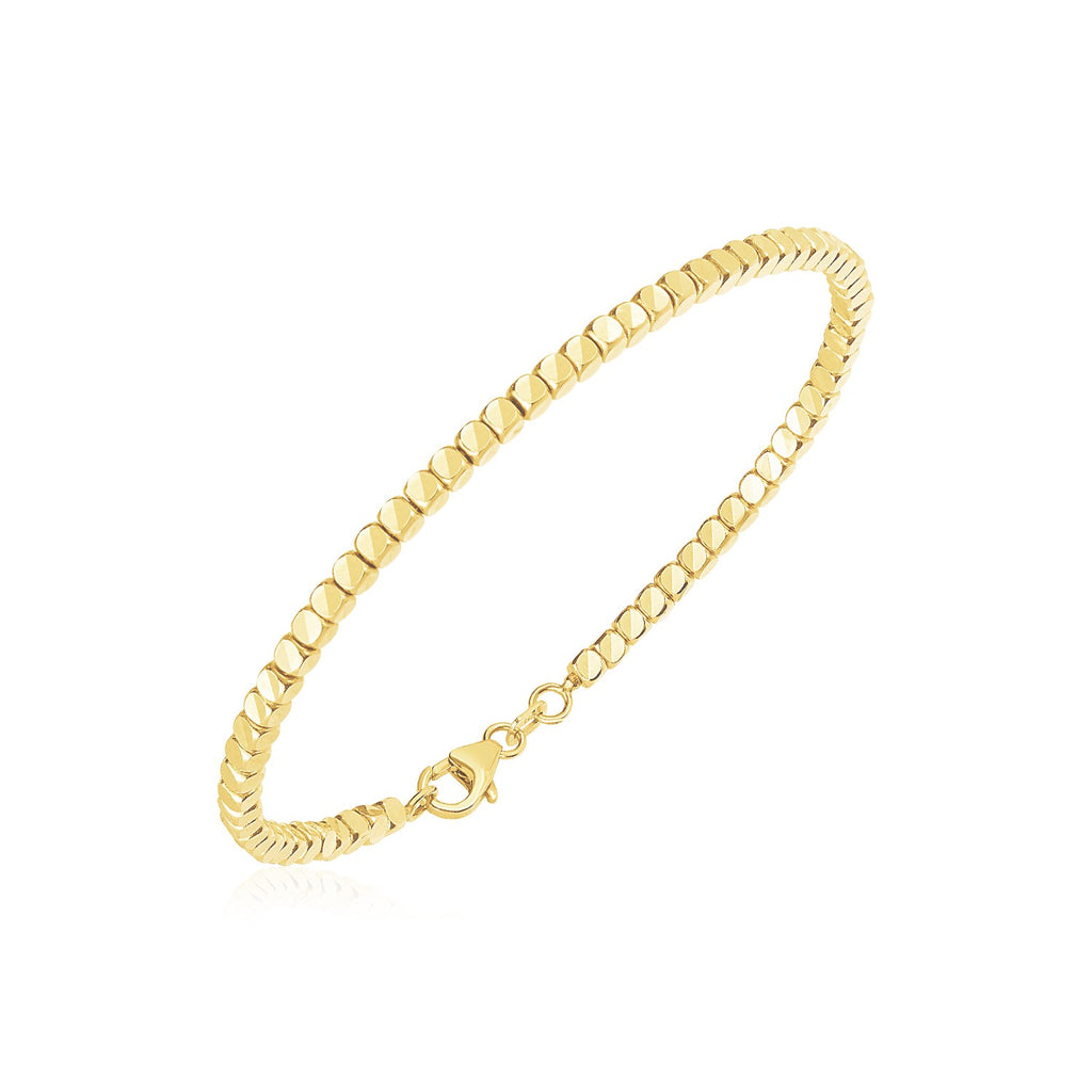 Front view of solid 14K yellow gold high polish bead cuff bangle with lobster clasp, 2.40 mm width, 6.75 inch length, approx 5.3 g