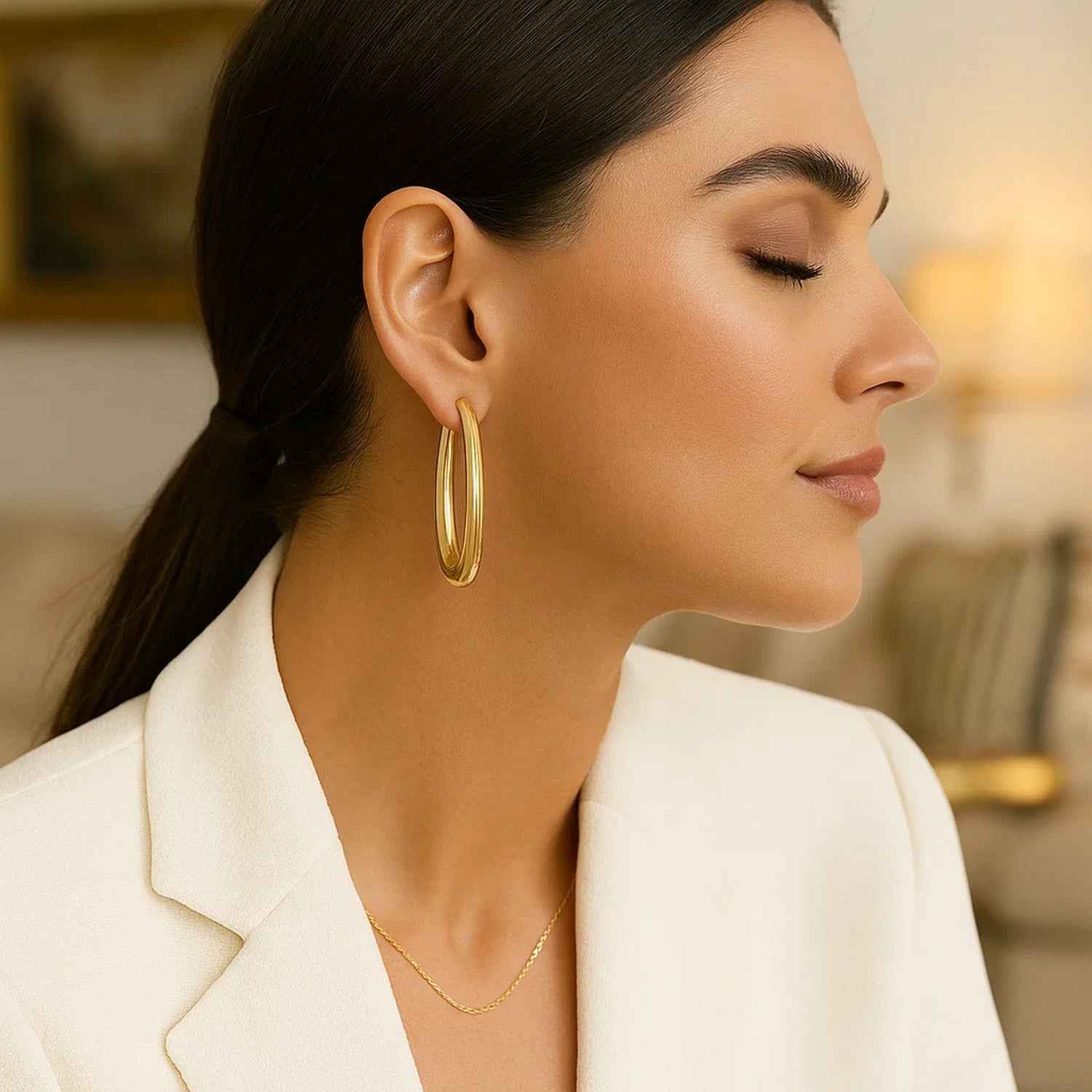 14k Gold Elongated Oval Hoop Earrings 39 mm  – Deeve