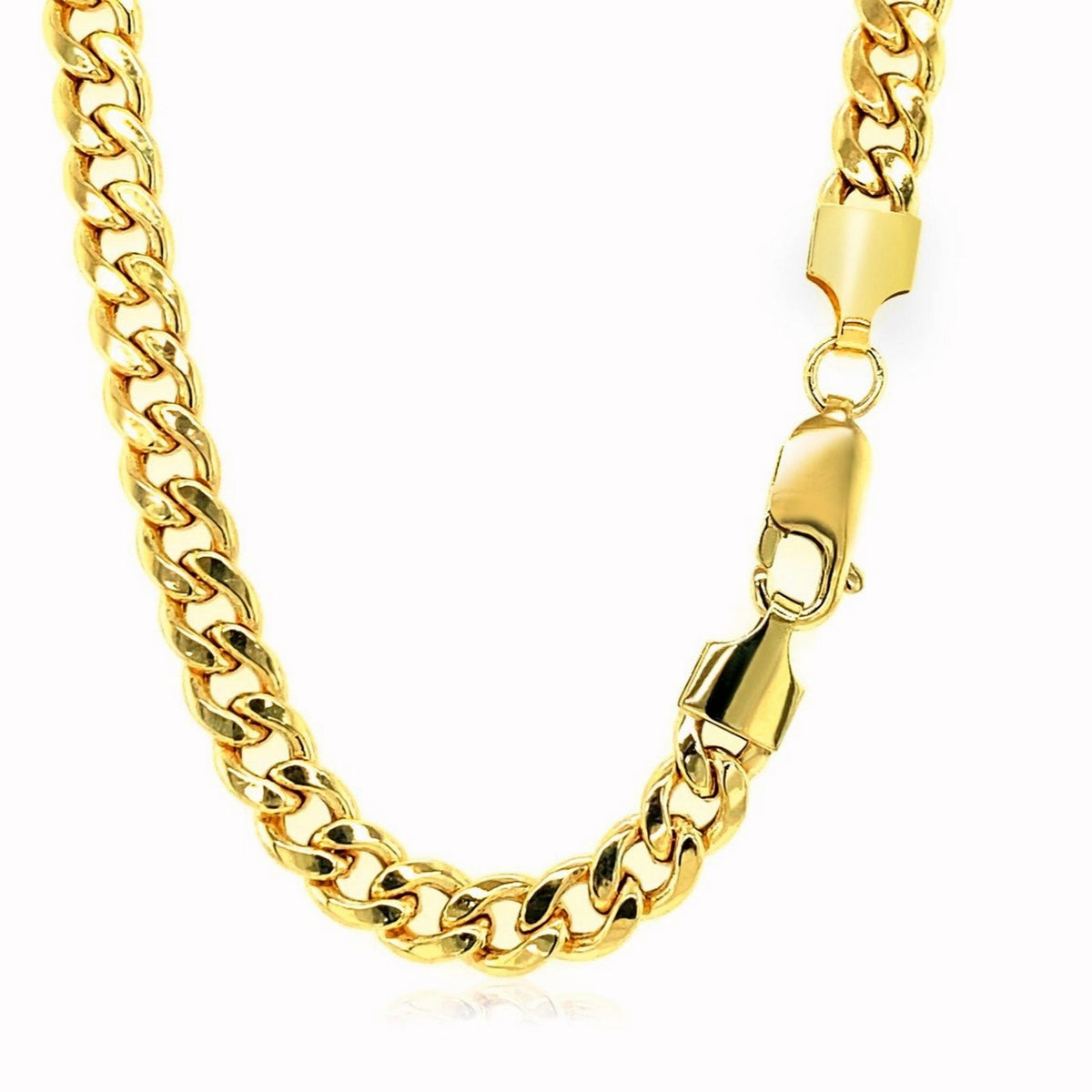 Lobster clasp and end caps on the 7.00mm Miami Cuban chain in 14K yellow gold