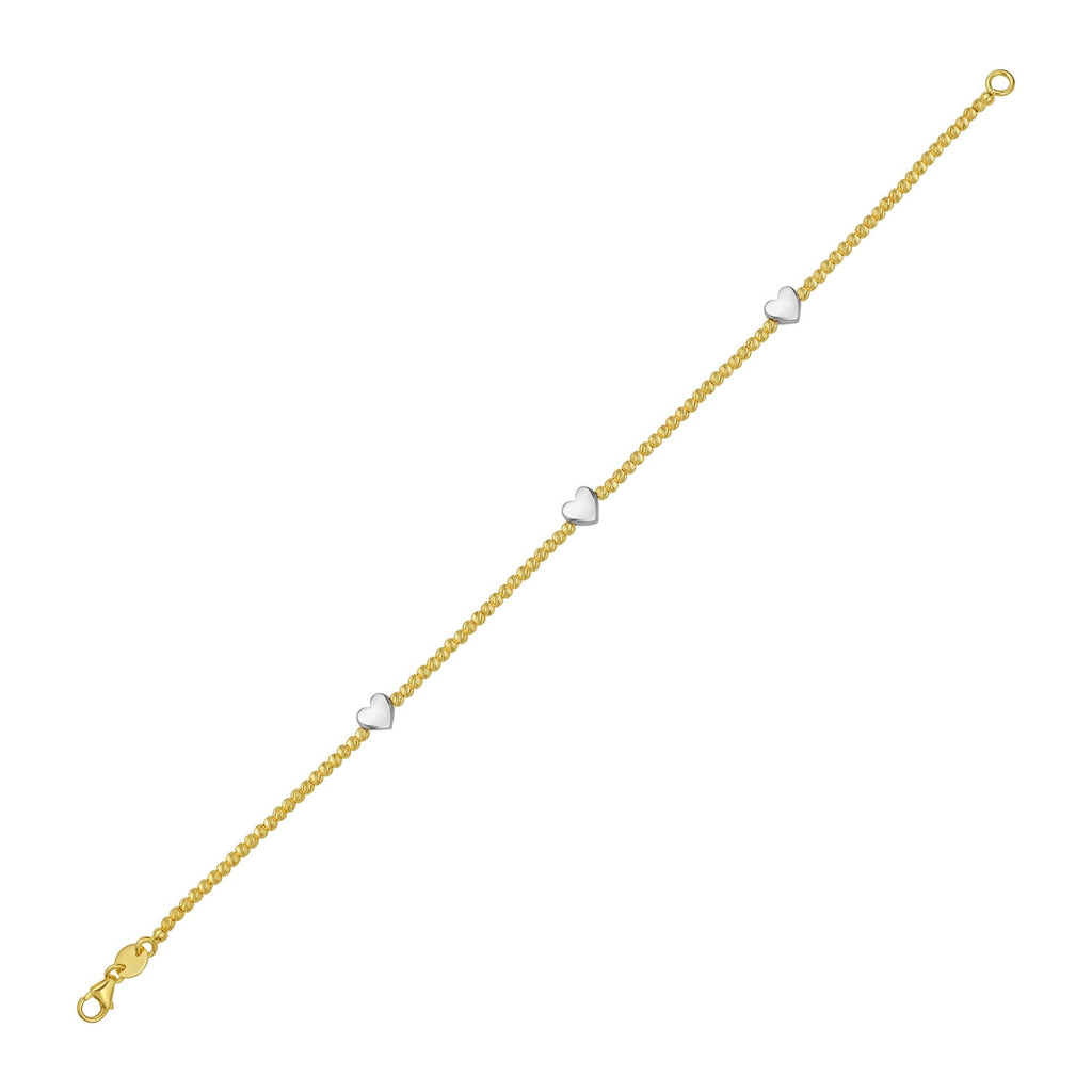 14K Yellow Gold Rolo Chain Bracelet With Puffed Heart Stations