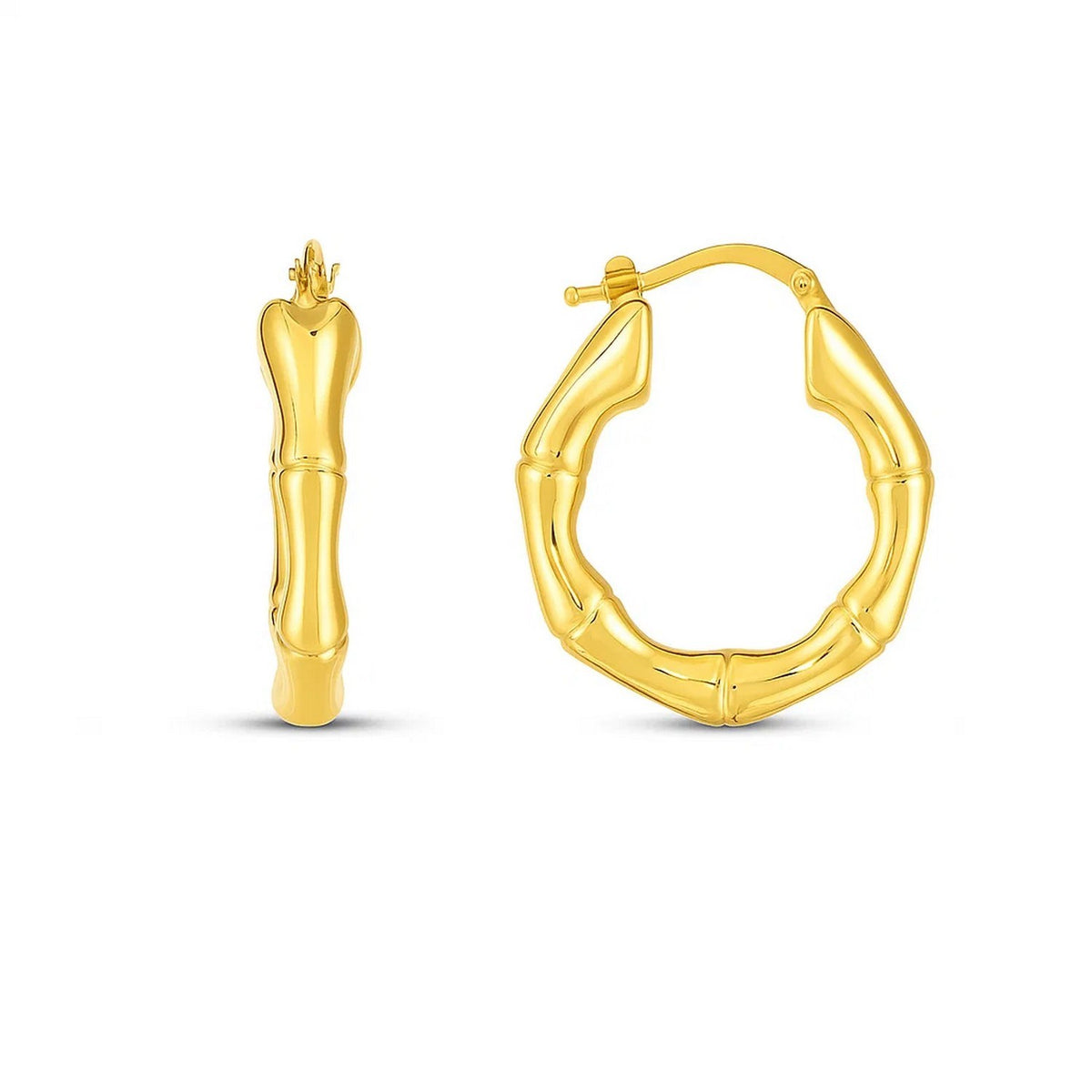 Bamboo hoop earrings in 14K yellow gold, side and front view