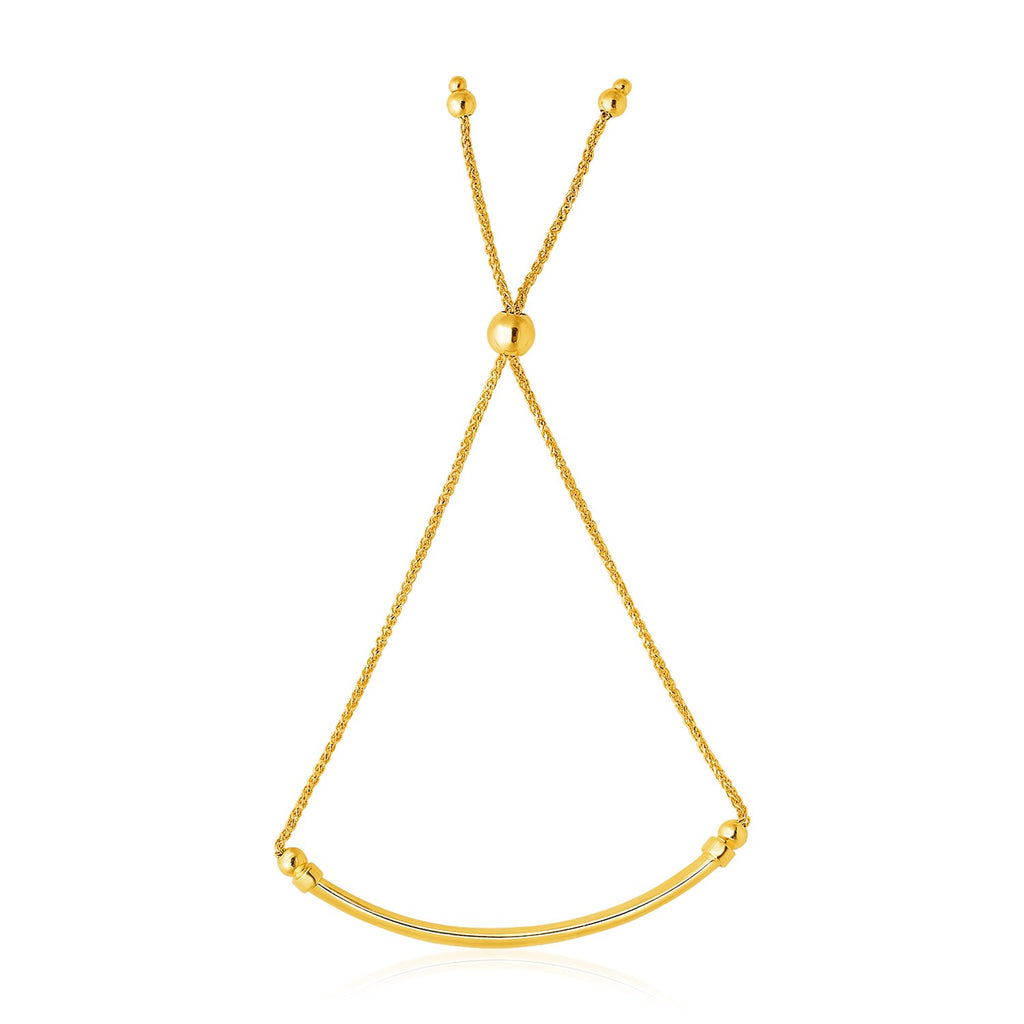 Front view of 14K yellow gold smooth curved bar and lariat style bracelet with adjustable drawstring clasp, 1.00 mm wide