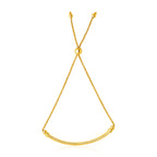 Front view of 14K yellow gold smooth curved bar and lariat style bracelet with adjustable drawstring clasp, 1.00 mm wide