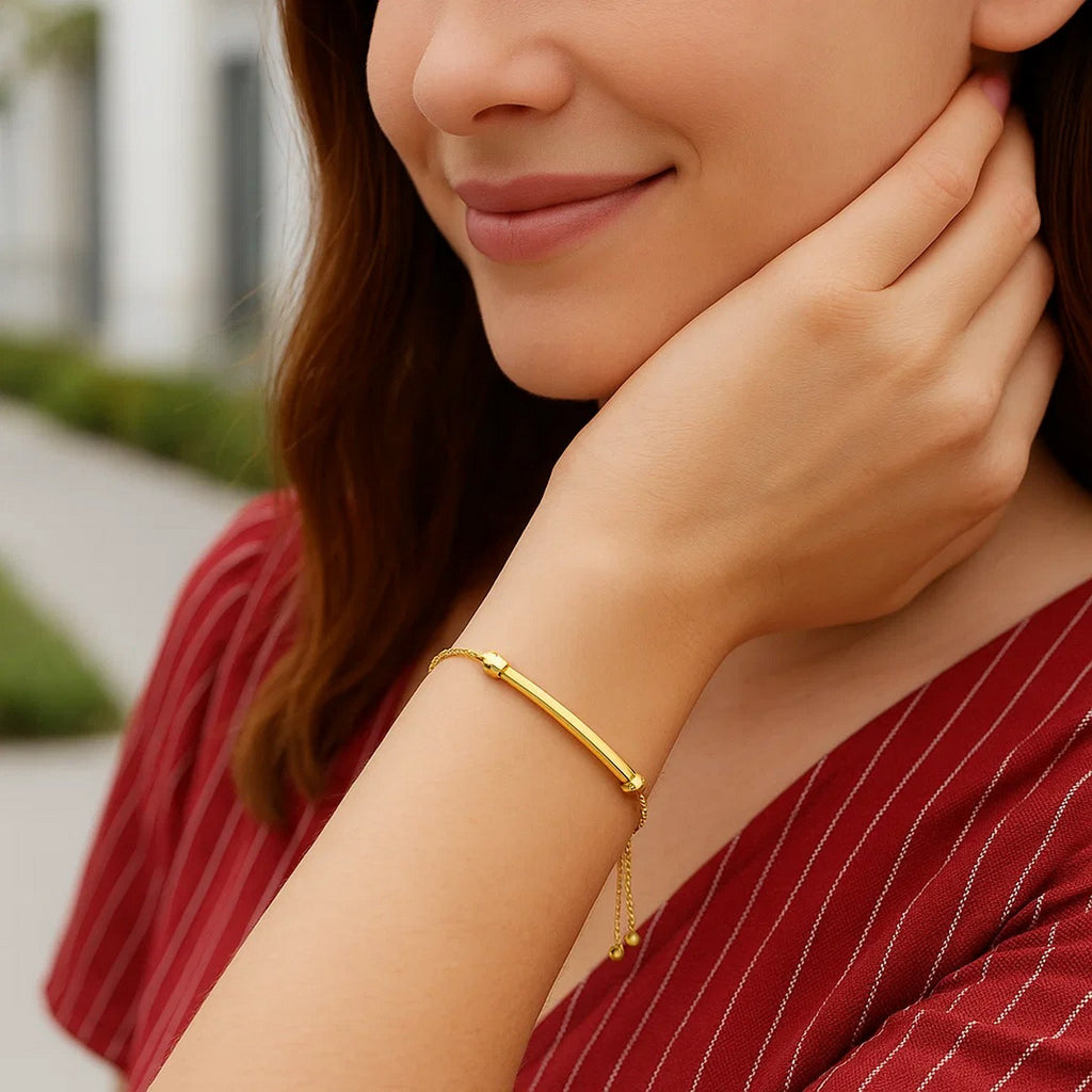 Smooth Curved Bar And Lariat Style Bracelet in 14K Yellow Gold