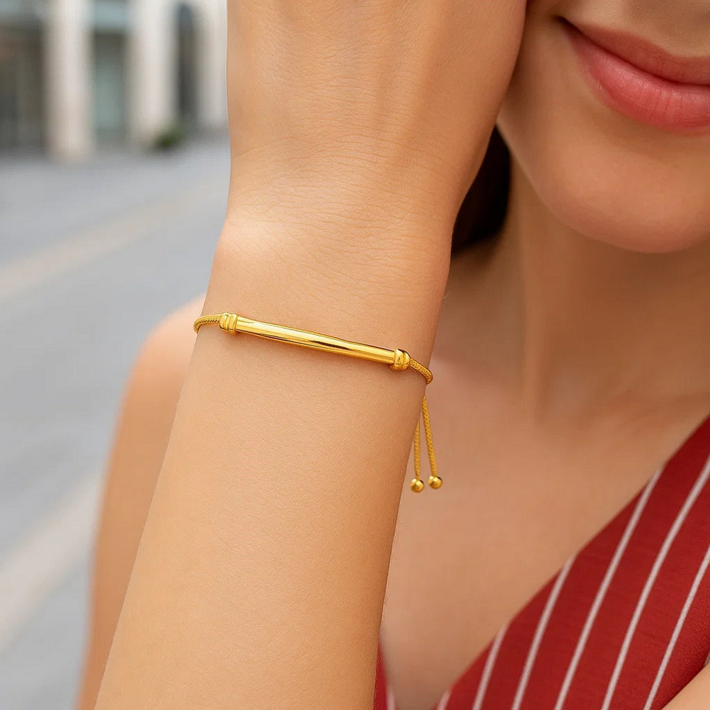 Smooth Curved Bar And Lariat Style Bracelet in 14K Yellow Gold