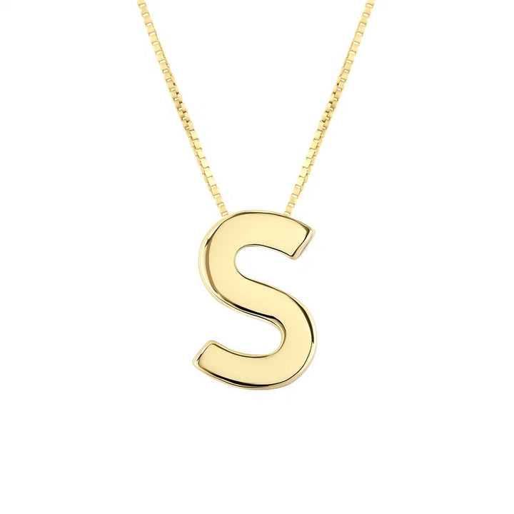 Front view of the polished block letter S in 14K yellow gold on a box chain