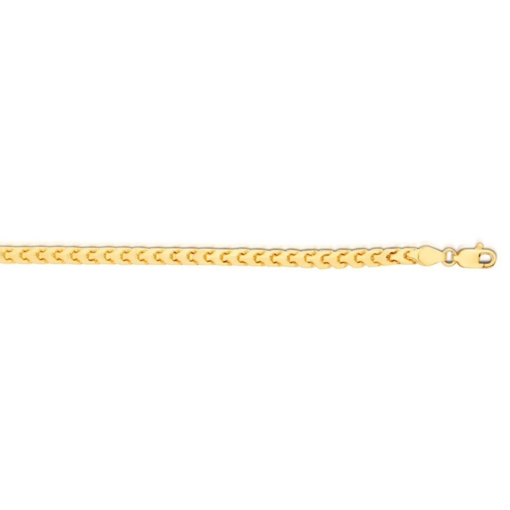 Franco bracelet in 14K yellow gold laid straight, lobster clasp and end cap at the end