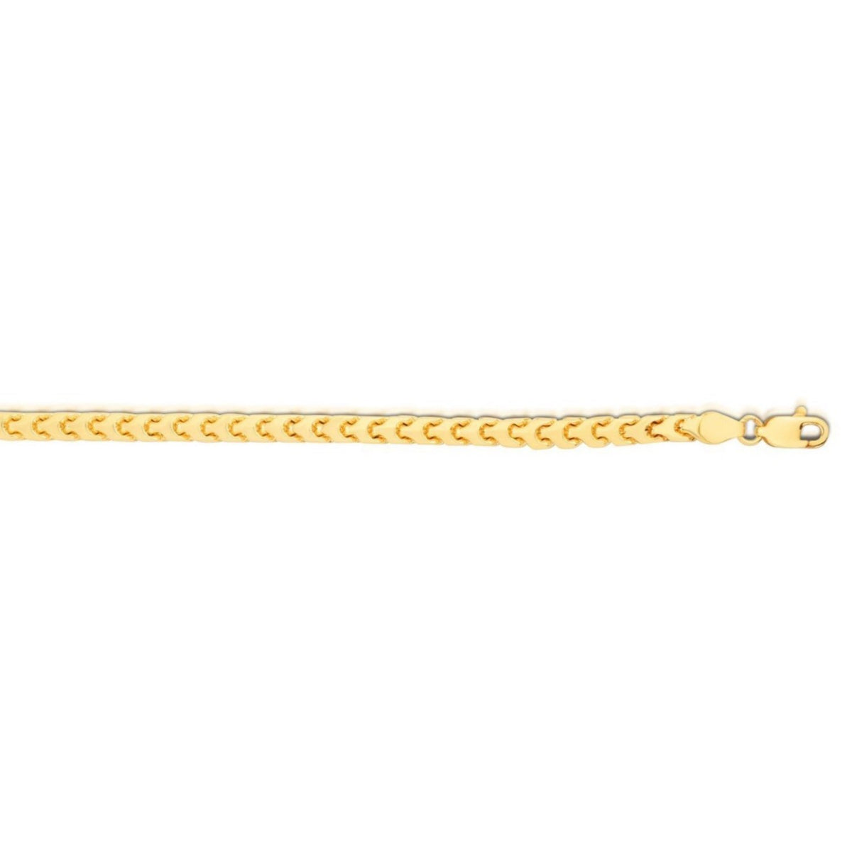 Franco bracelet in 14K yellow gold laid straight, lobster clasp and end cap at the end