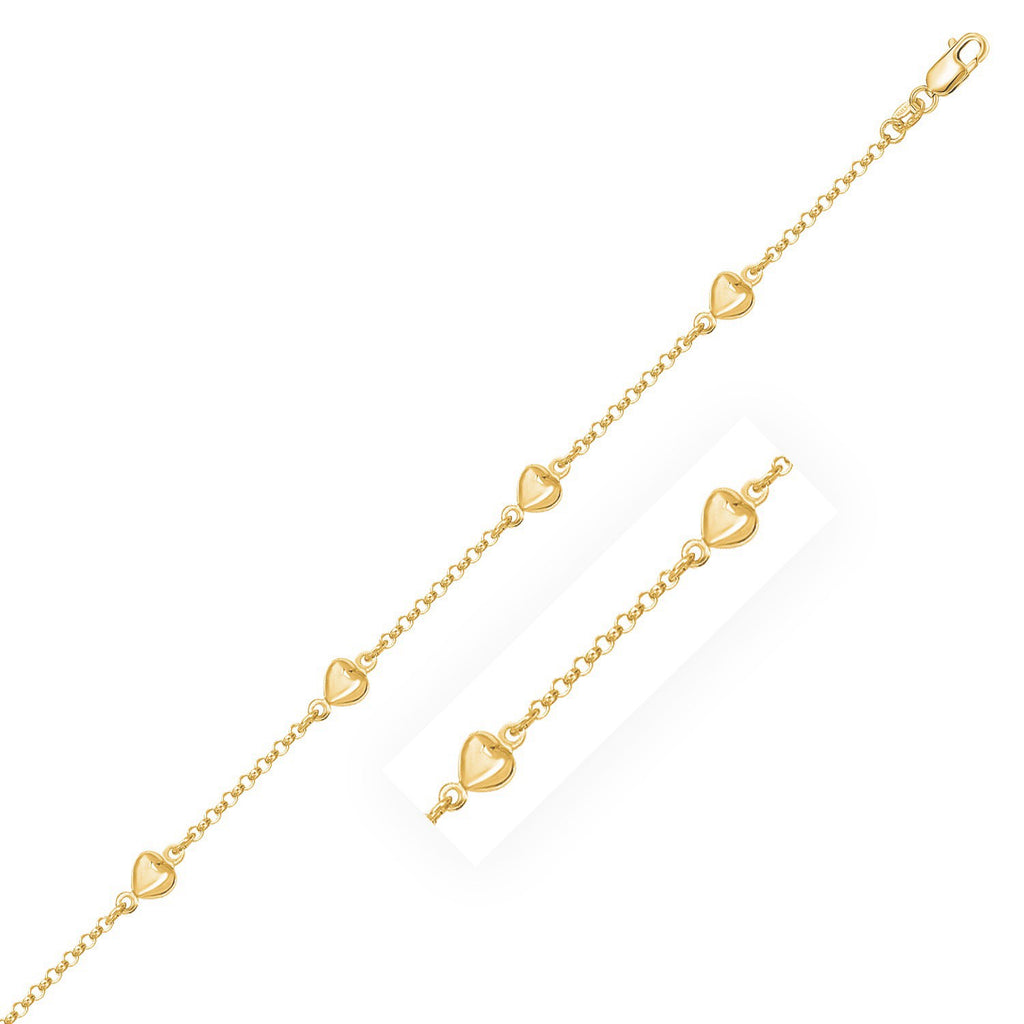 14K Yellow Gold Rolo Chain Bracelet With Puffed Heart Stations