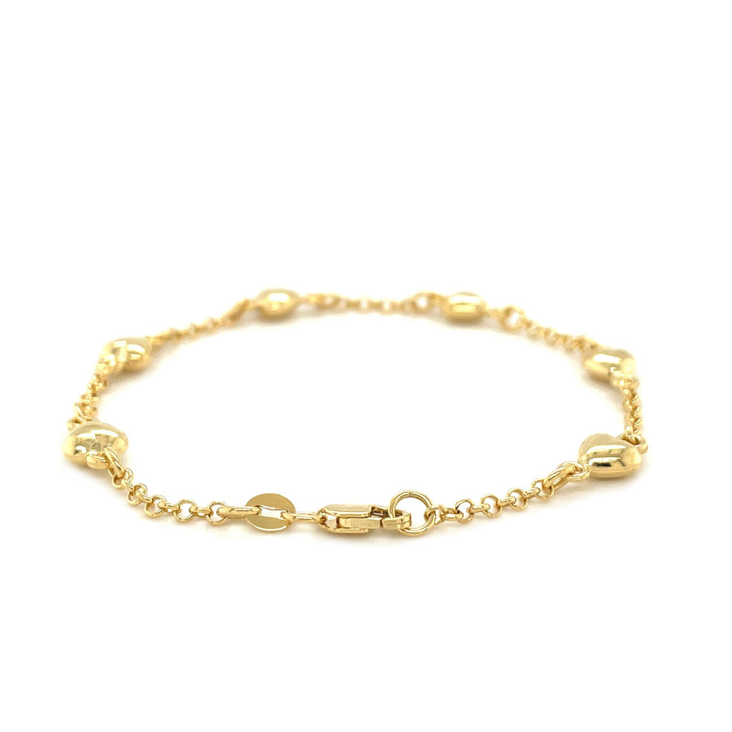 14K Yellow Gold Rolo Chain Bracelet With Puffed Heart Stations