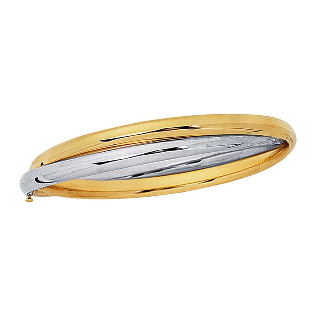 14K two-tone interlocked bangle seen from the side, showing the yellow and white bands