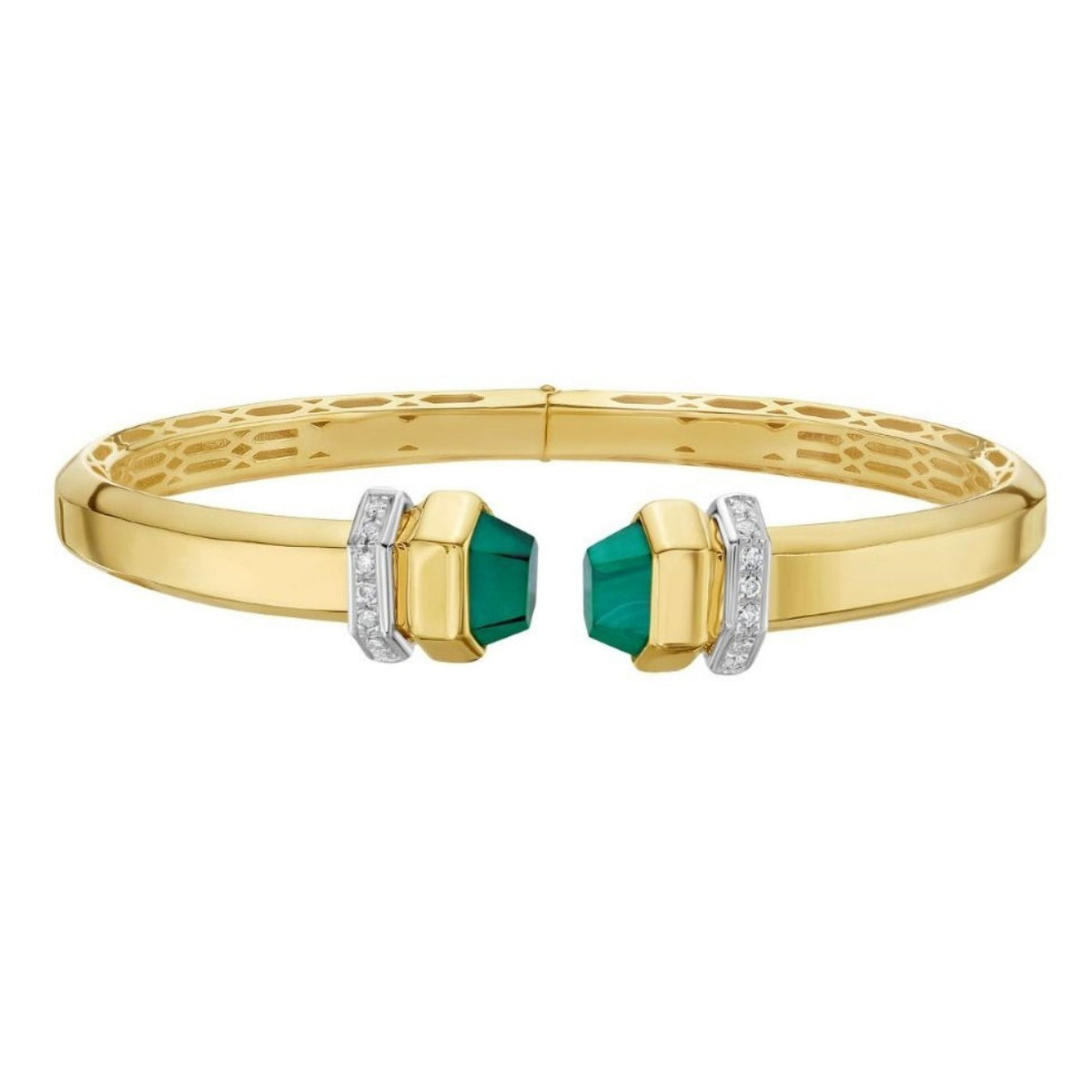 Front view of the faceted malachite ends of the 14K yellow gold cuff