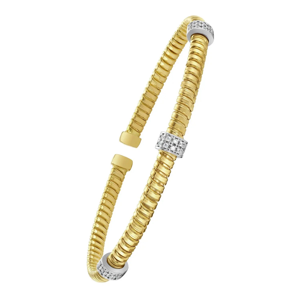 Front view of 14K yellow gold tubogas cuff bracelet with three prong-set diamond stations, 0.30 cttw minimum