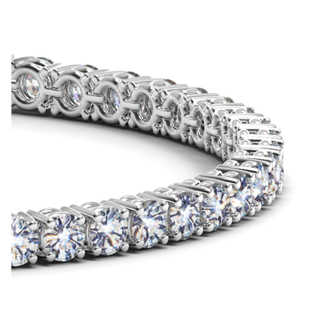 Close-up of the round diamonds on an 8 carat tennis bracelet in 14K white gold