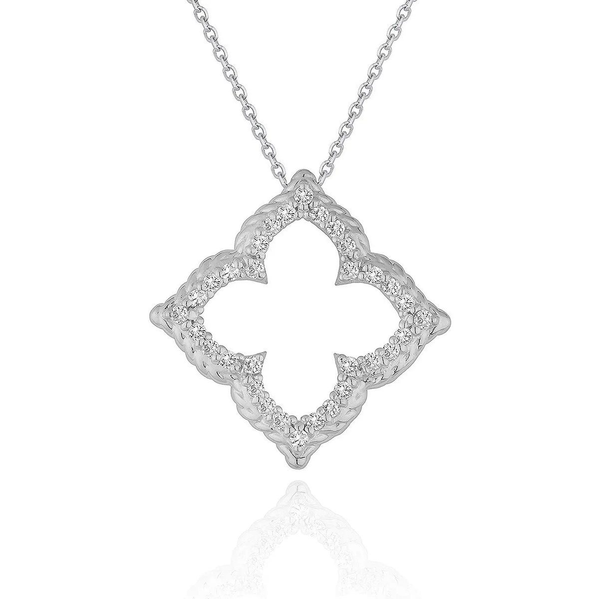 Front view of 14K white gold diamond cut-out flower pendant on 16 inch cable chain with lobster clasp