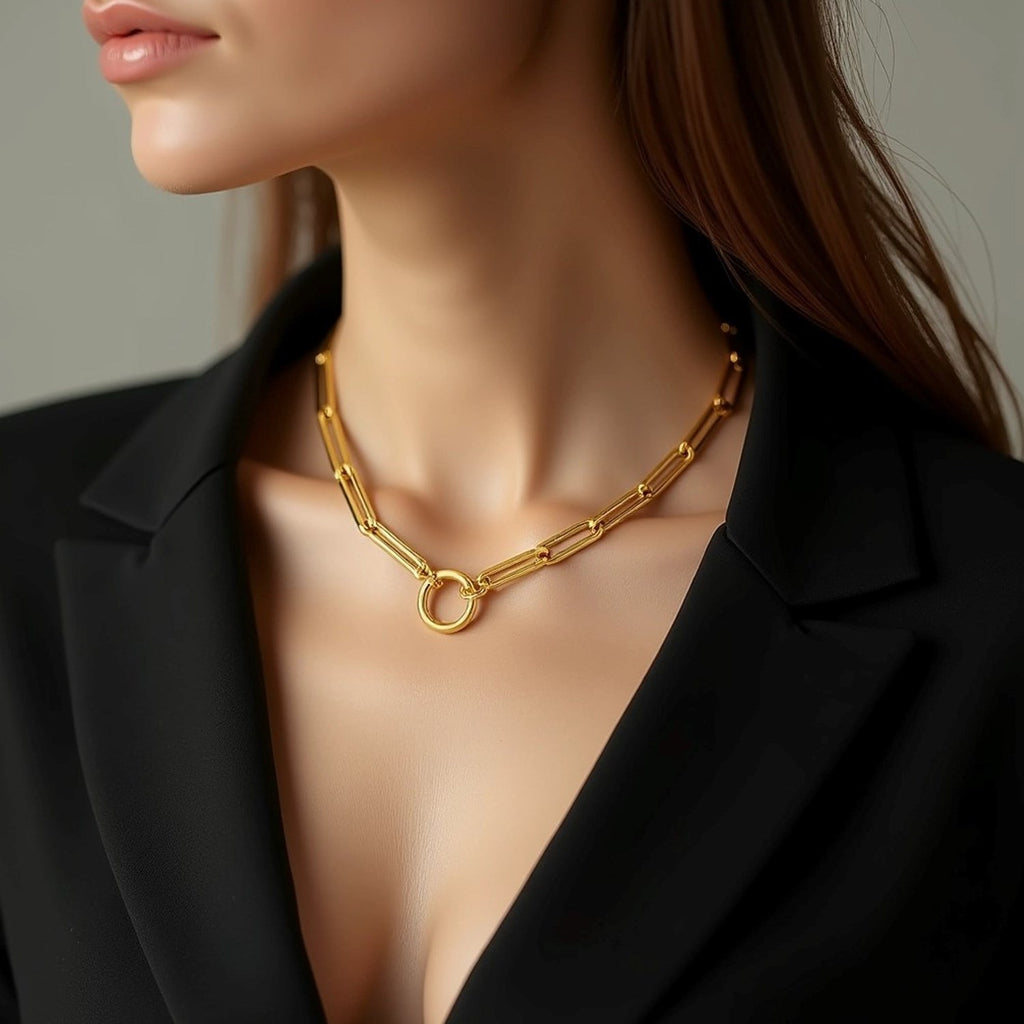 Elongated Paperclip Chain Circle Necklace in 14K Yellow Gold