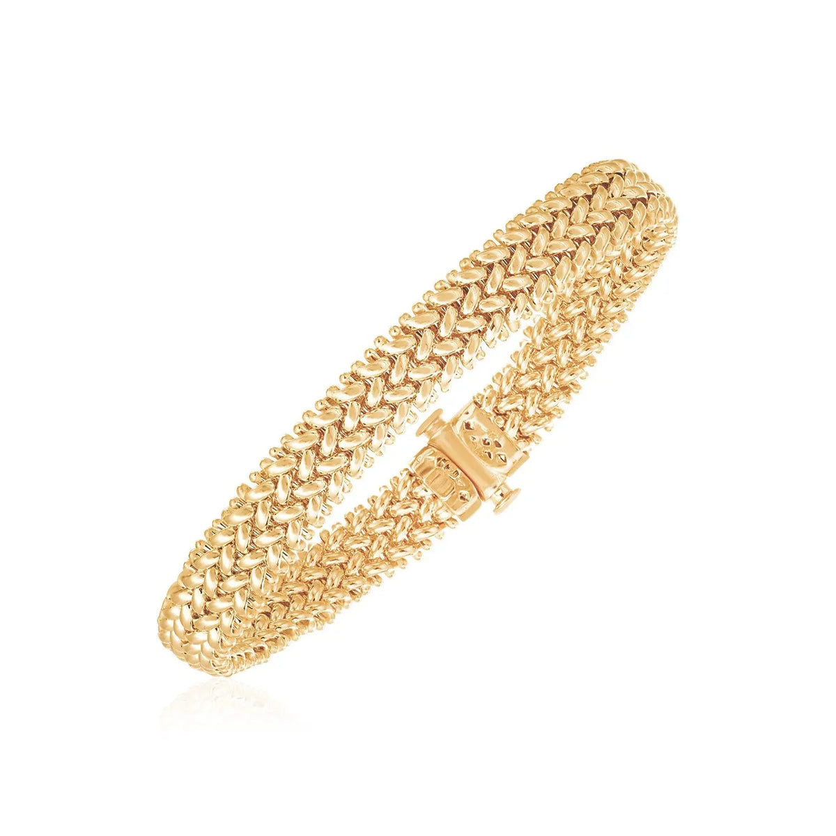 Front view of 14K yellow gold thick braided bracelet, 8.80 mm wide, 7 inch length, box clasp, high polish finish