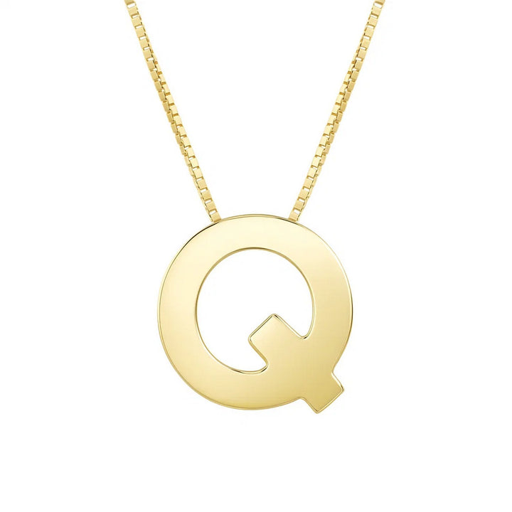 Front view of the polished block letter Q in 14K yellow gold on a box chain