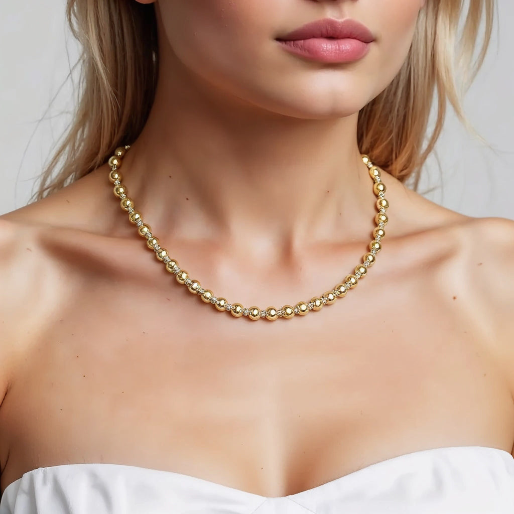 Two Tone Beaded Chain Necklace in 14k Yellow Gold