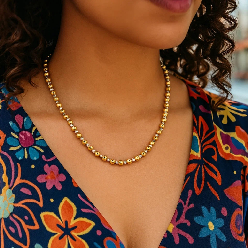 Two Tone Beaded Chain Necklace in 14k Yellow Gold