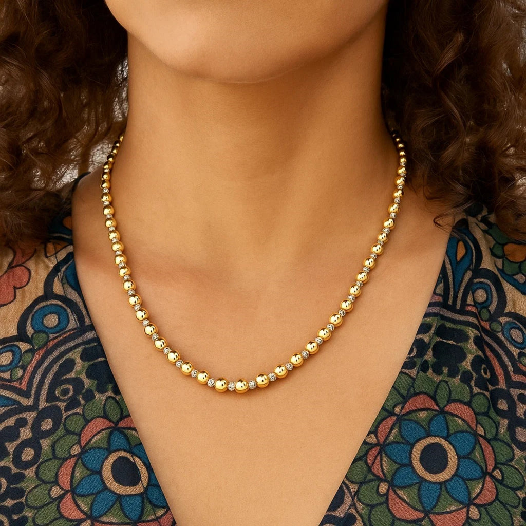 Two Tone Beaded Chain Necklace in 14k Yellow Gold