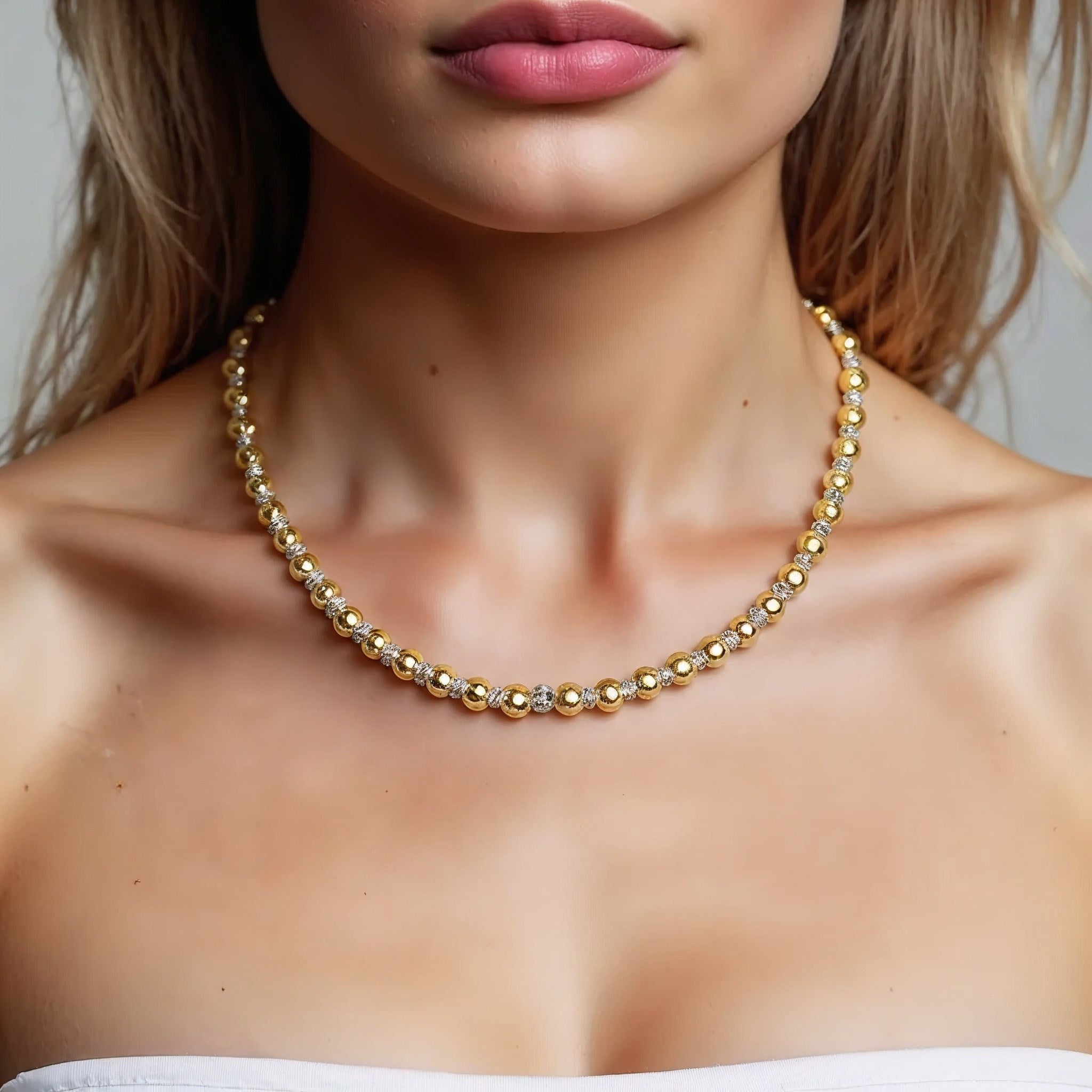 Two Tone Beaded Chain Necklace in 14k Yellow Gold