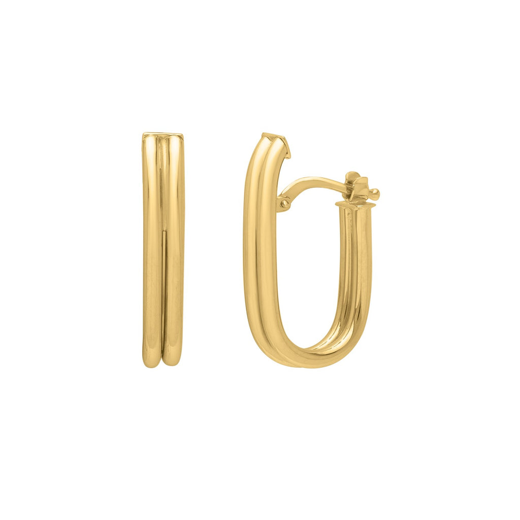 Double oval tube hoop earrings in 14K yellow gold, side and front view