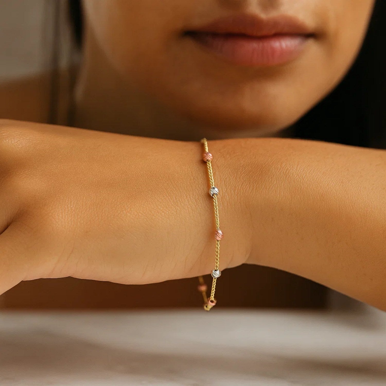 Diamond Cut Bead Station Lariat Bracelet in 14K Tri-Color Gold