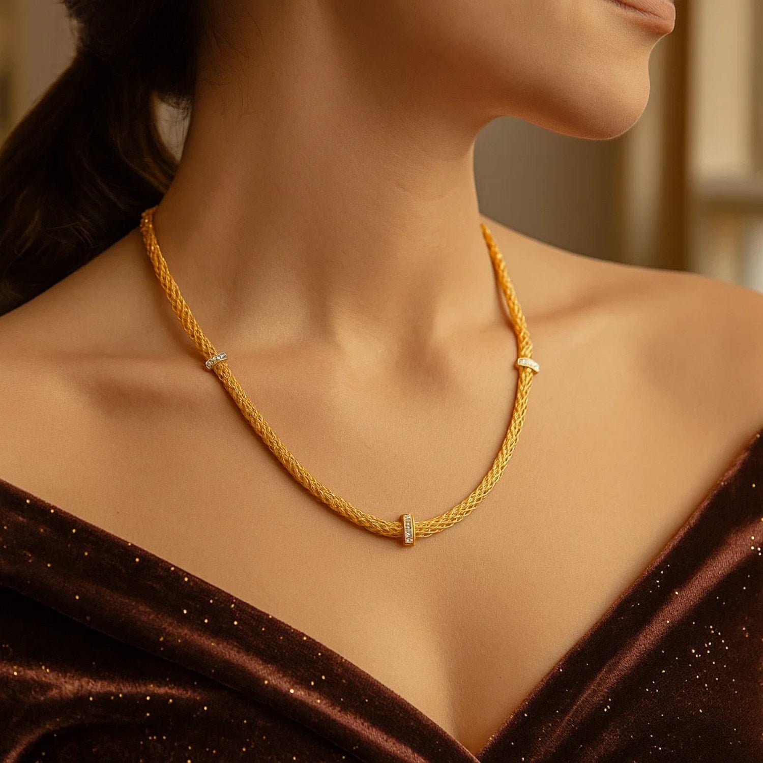 14K Two-Tone Wheat Necklace - Diamond Stations