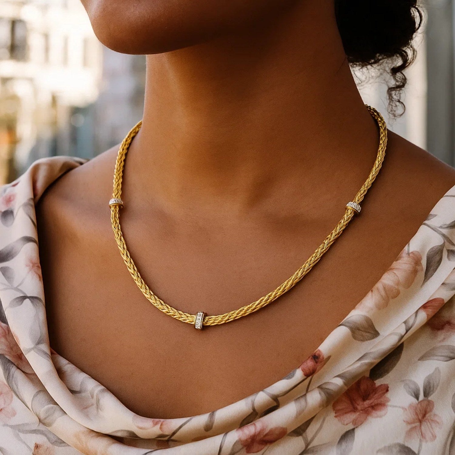 14K Two-Tone Wheat Necklace - Diamond Stations