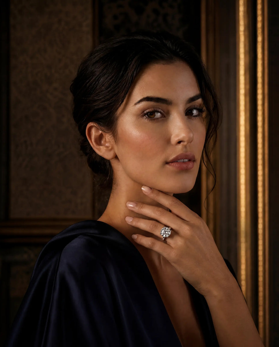 model wearing 5 carat igi certified lab grown diamond engaigment ring in 14k yellow gold from DEEVE canada wearing a black dress and a diamond ring in a dimly lit room.