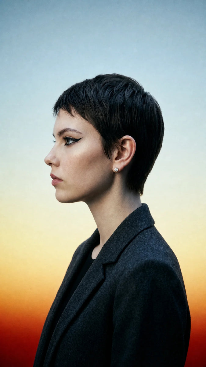 Model wearing pair of 2 carat IGI certified lab grown diamond stud earrings in 14k white gold from Deeve Canada's diamond collection with a short haircut against a gradient sky background