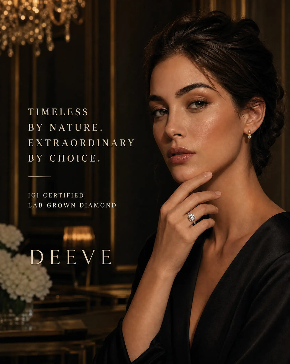 Woman wearing a 3 carat IGI certified lab grown diamond engagement ring with text about IGI certified lab-grown diamond and brand name 'DEEVE'.