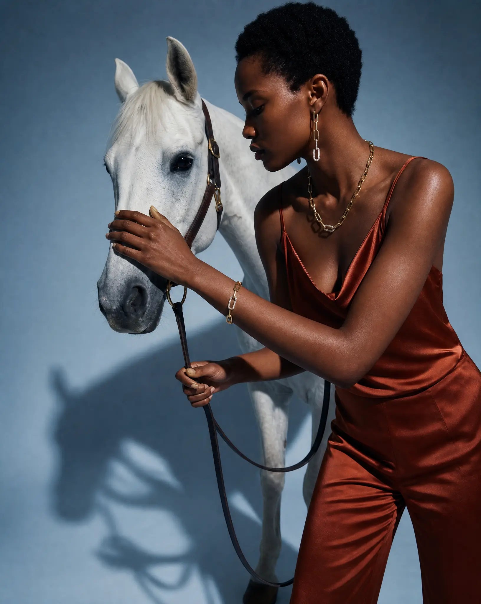 Deeve model wearring a 14k solid gold set in a rust-colored outfit petting a white horse against a blue background