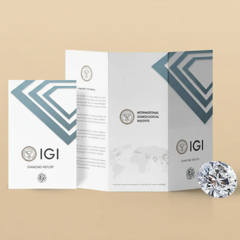 IGI diamond report card with a diamond on a beige background