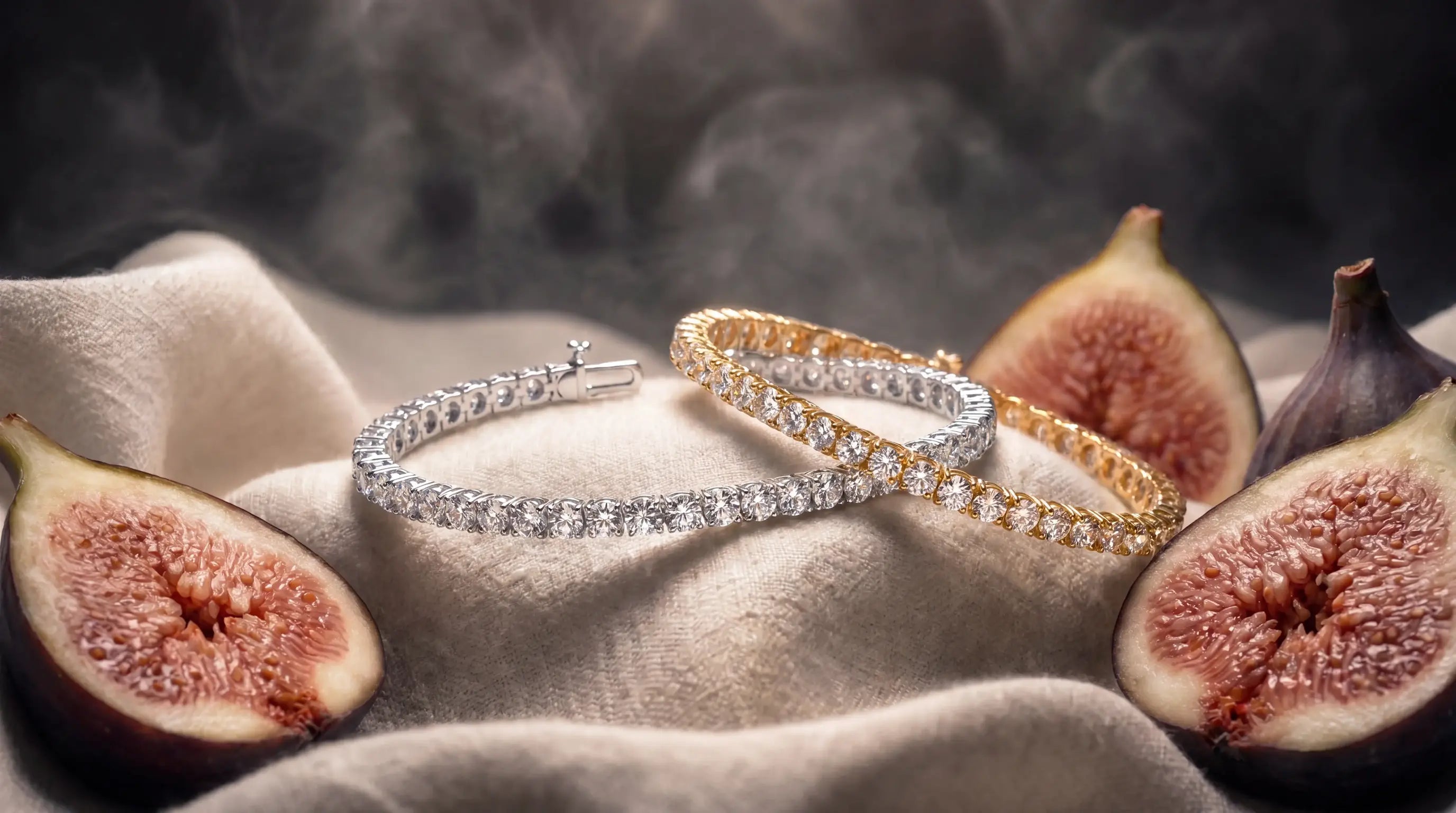 Diamond tennis bracelets in 14k solid gold DEEVE Canada, displayed on a beige fabric with sliced figs around them.