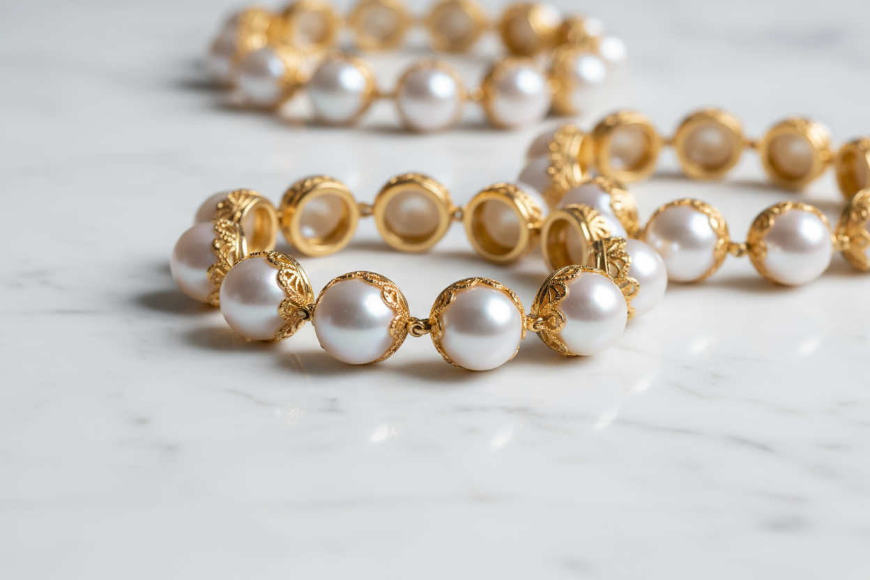 Close-up perspective view of luxury pearl bracelets with studio lighting
