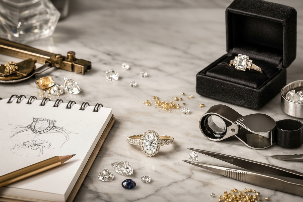 Jewelry-making tools and materials on a marble surface with rings and diamonds.