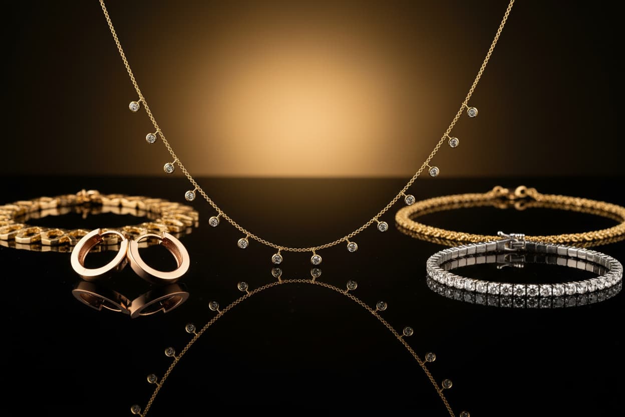Collection of 14k gold and lab grown diamond jewelry from Deeve including rings and bracelets on a dark background