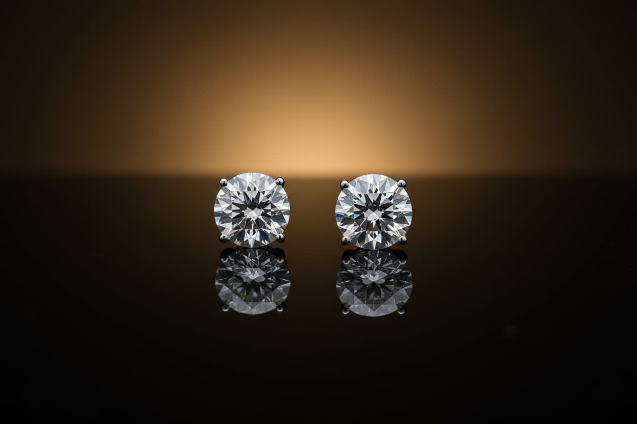 lab grown diamond stud earrings in 14k gold from Deeve jewelry Canada on a reflective surface with a dark background