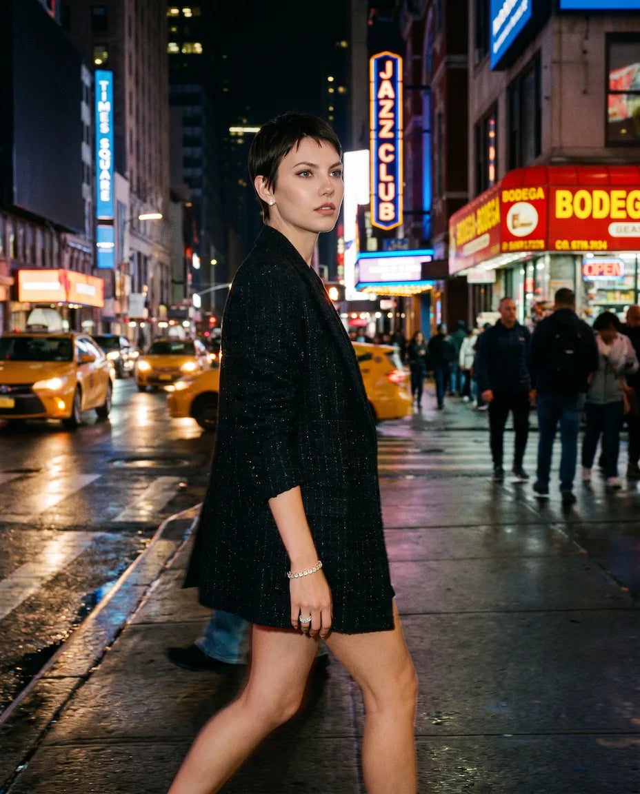 Deeve Canada's model wearing complete IGI lab grown diamond set in a black coat walking on a city street at night with neon signs and taxis in the background