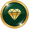 Green button with a gold emblem featuring a diamond