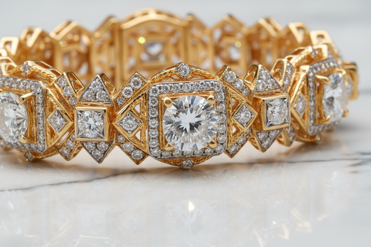 Extreme close-up of fancy ornate diamond bracelet with intricate details